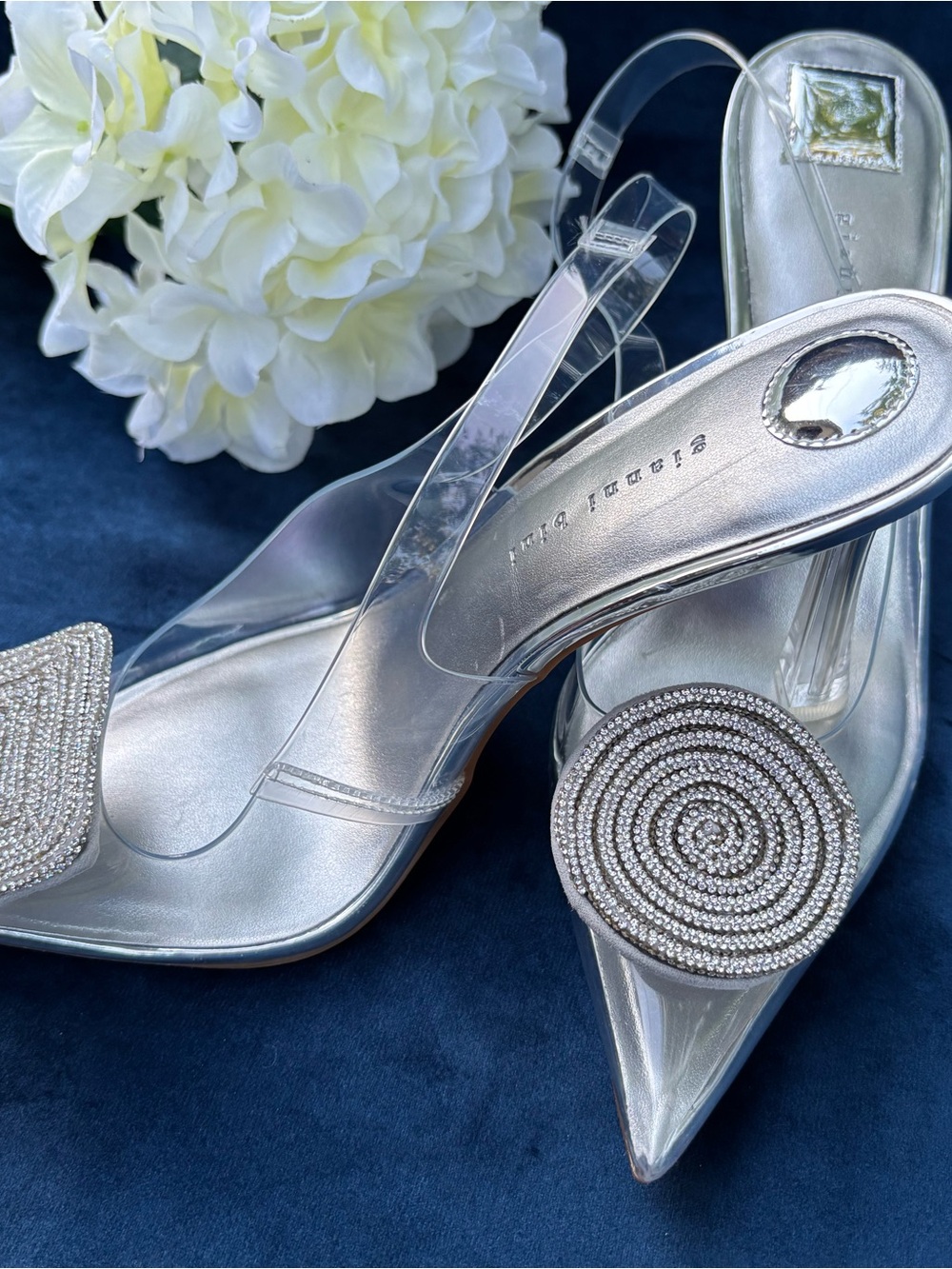 Crystal-Embellished Silver Slingback Heels - Women's size 8 - Picture 3 of 15
